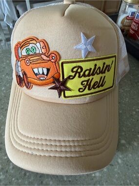 Disney Trucker Hat with Mater Car and Yellow 'Raisin' Hell Patch